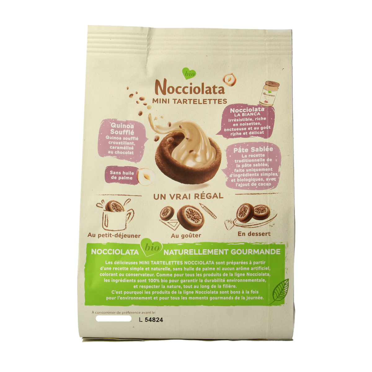 Rigoni di Asiago Nocciolata Bianca tartlets, bio koeken with hazelnut spread, 250g packaging, displayed on a white background.