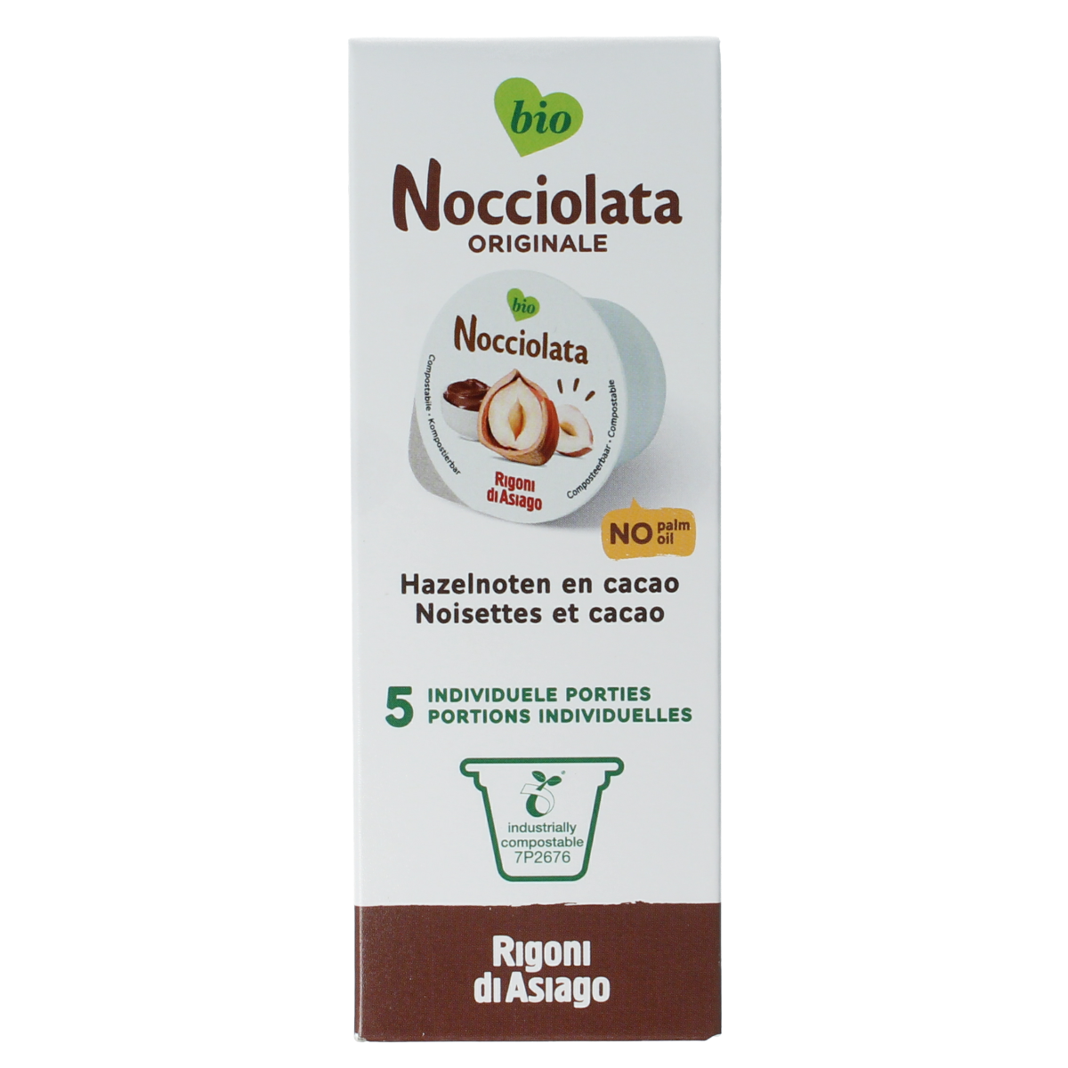 Nocciolata Originale bio spread cups, 5 x 20g, creamy hazelnut spread for bread, made by Nocciolata.