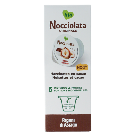 Nocciolata Originale bio spread cups, 5 x 20g, creamy hazelnut spread for bread, made by Nocciolata.