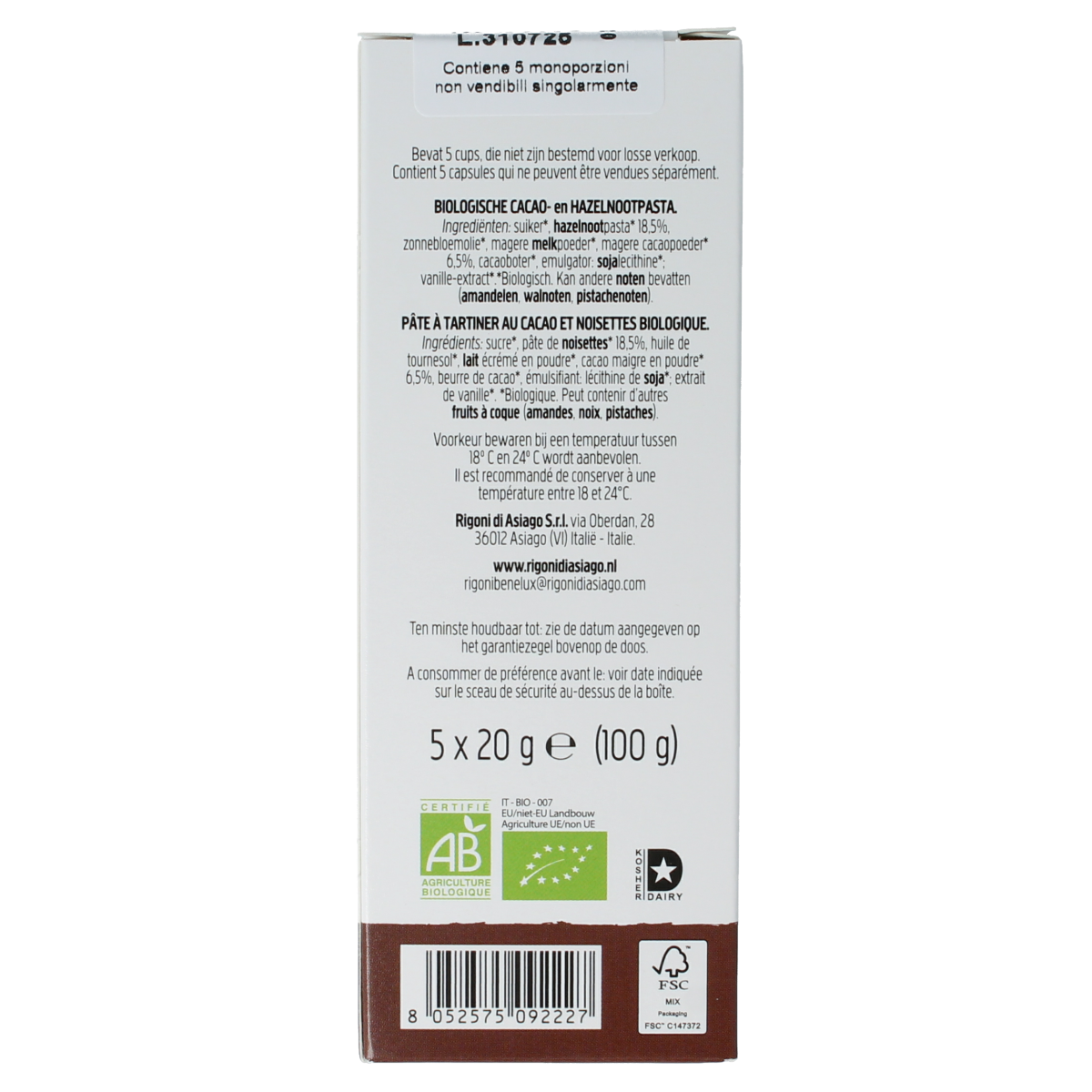 Nocciolata Originale organic spread cups, 5 x 20g, creamy hazelnut chocolate spread for bread or snacks.