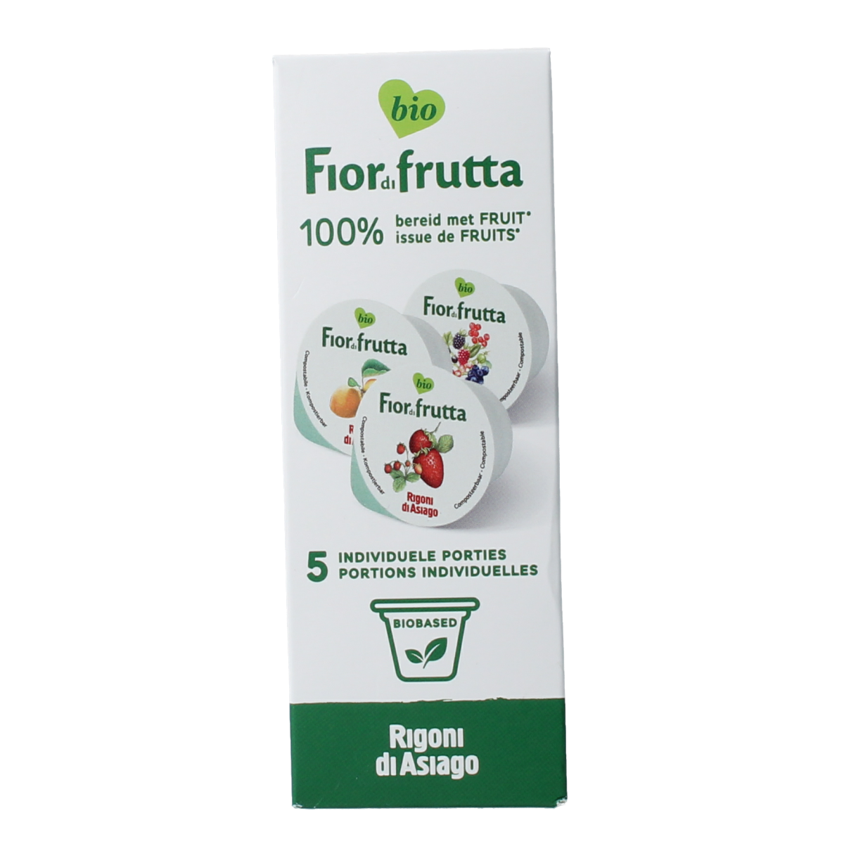 Fiordifrutta bio fruit spread mix cups, 5x20g, natural broodbeleg with fresh fruit flavor in individual packaging.