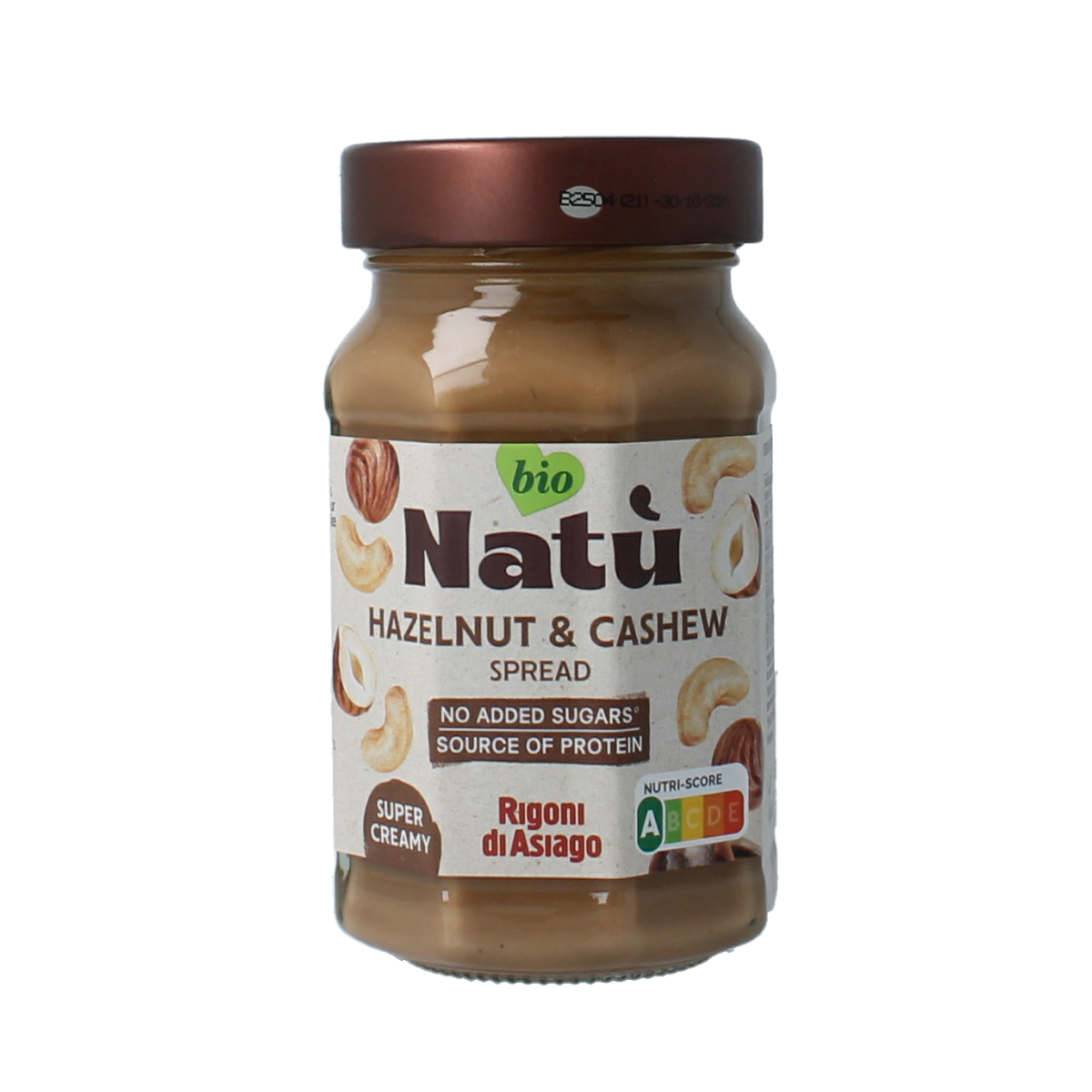 Natu hazelnut and cashew nut spread on bread, organic Natu broodbeleg, 220g jar with a creamy nut butter texture.