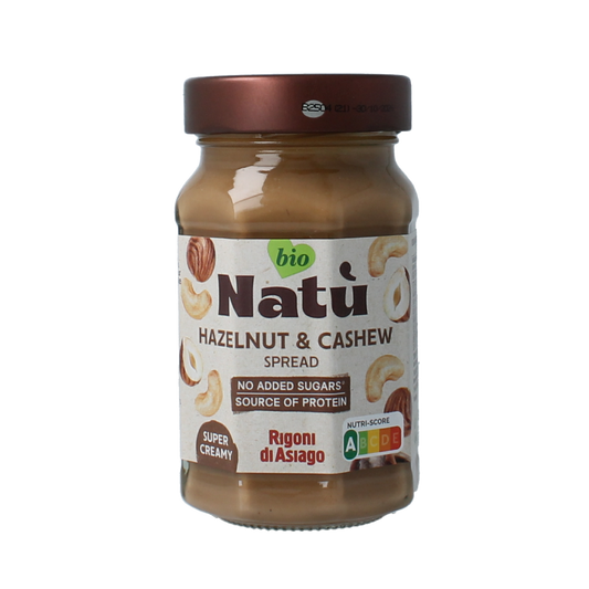 Natu hazelnut and cashew nut spread on bread, organic Natu broodbeleg, 220g jar with a creamy nut butter texture.