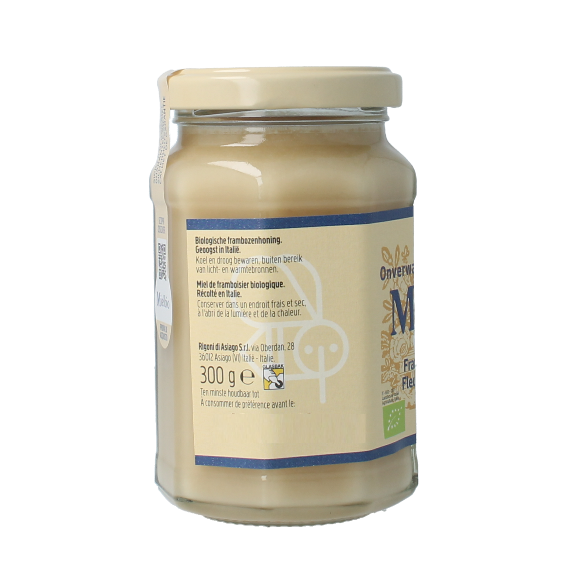 Rigoni Framboos bio honey cream jar showing the label and golden honey inside, 300g natural honey product.