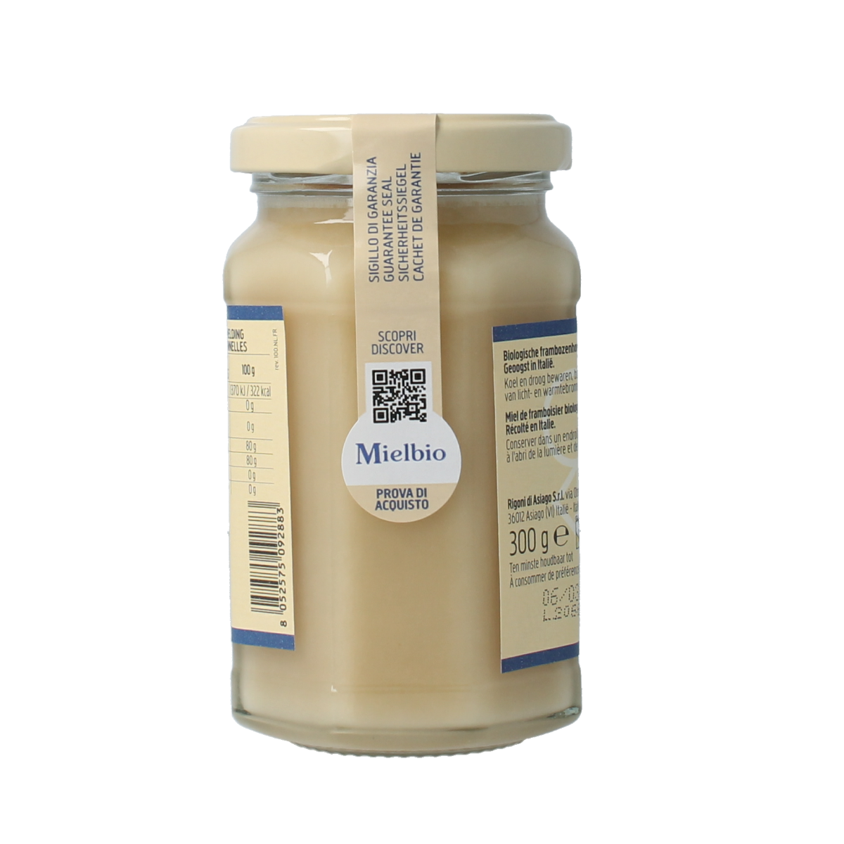 Rigoni Framboos bio honey cream jar with raspberry flavor, 300 grams, smooth honey spread in a glass jar.