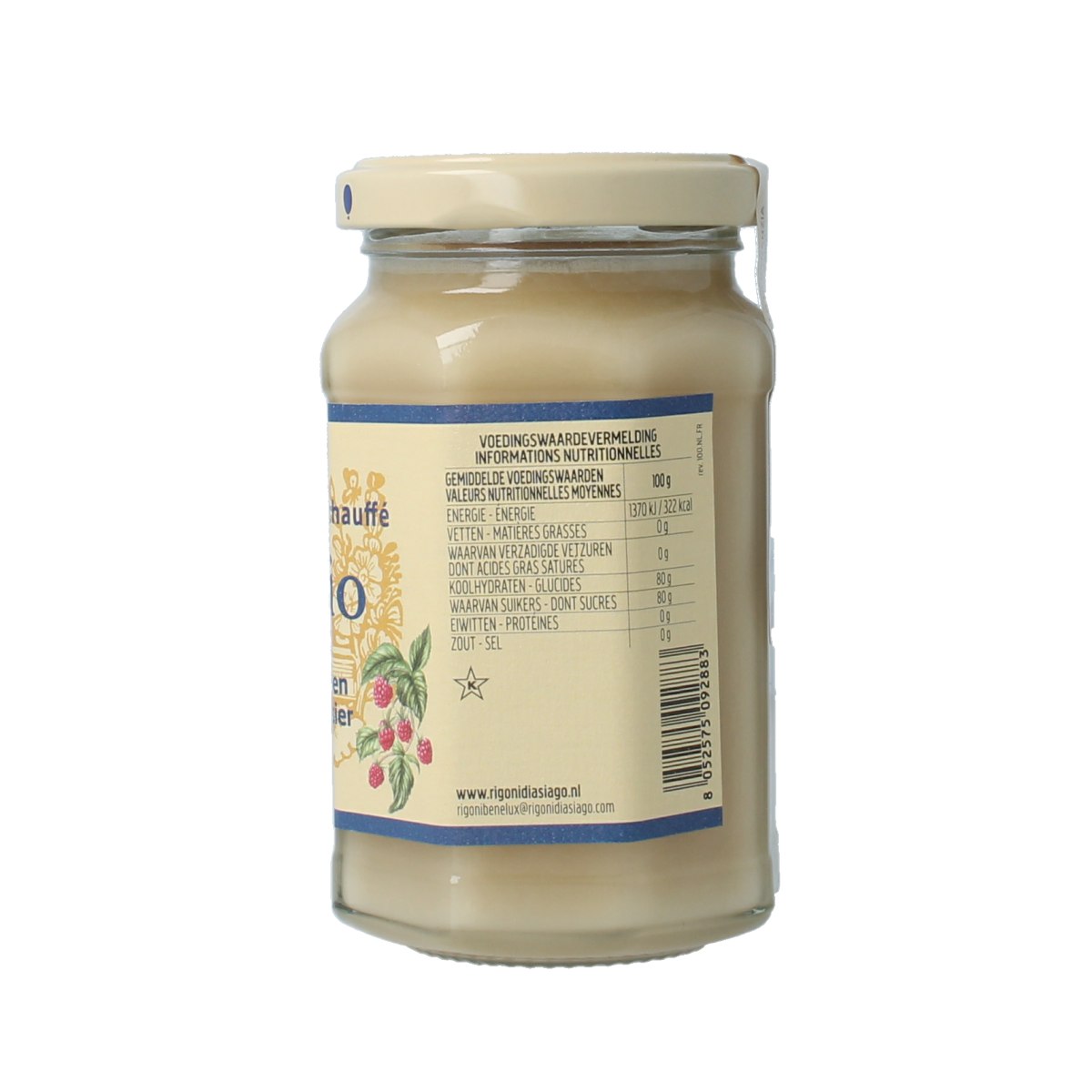 Rigoni Framboos bio honey cream jar showing label and textured honey surface, 300g organic honey from Rigoni.