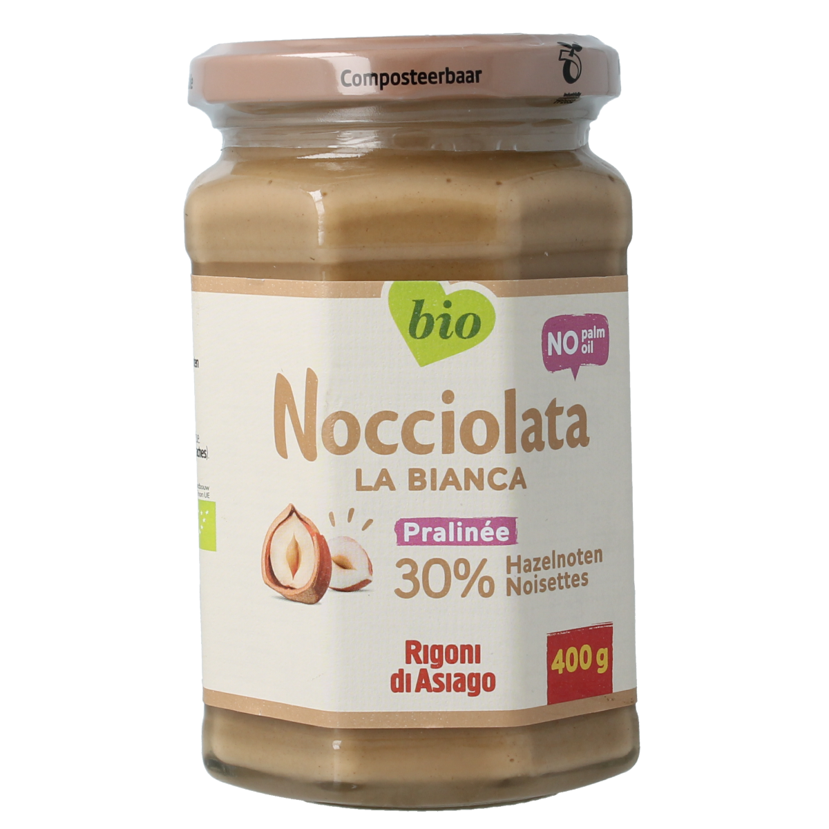 Rigoni Nicciolata Bianca bio spread on bread, 400g jar, creamy almond and hazelnut spread for breakfast or snacks.