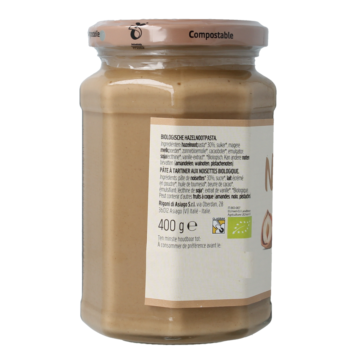 Rigoni Nicciolata Bianca bio spread on bread, 400g jar, creamy almond and hazelnut spread for breakfast or snacks.