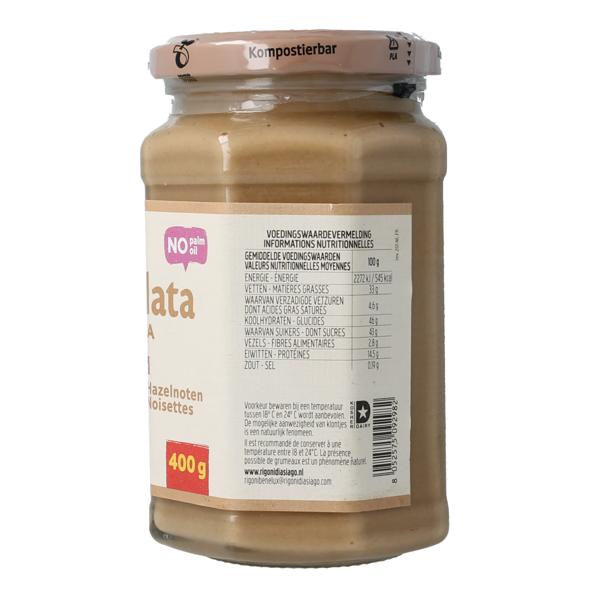 Rigoni Nicciolata Bianca bio spread on bread, 400g jar, natural and creamy broodbeleg with a smooth texture.