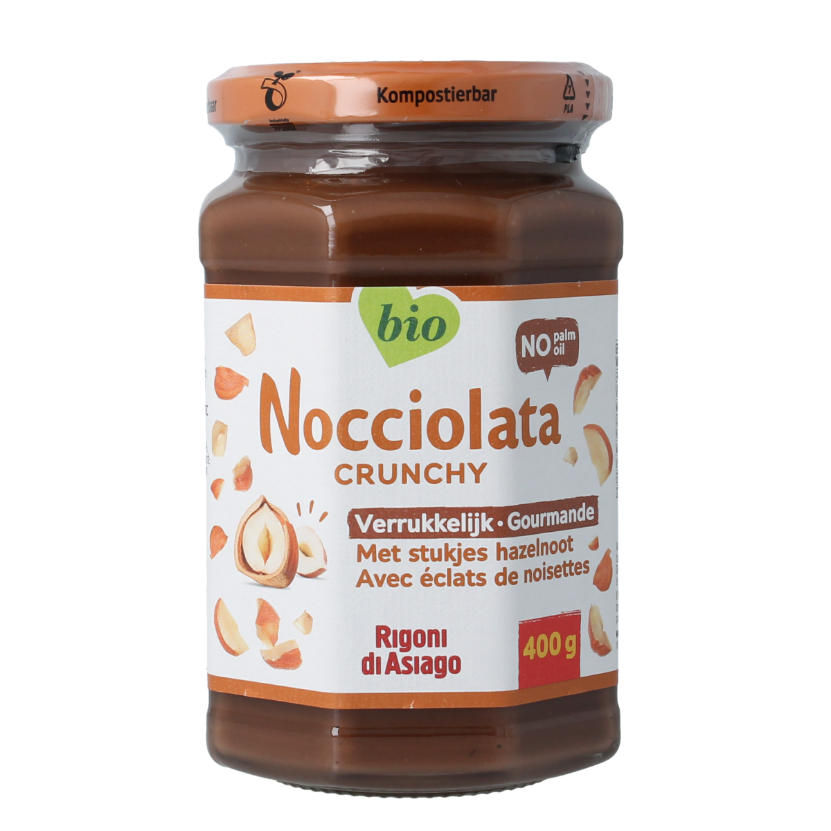 Jar of Rigoni Nocciolata crunchy bio spread on bread, showing the creamy texture with crunchy hazelnuts, 400g.