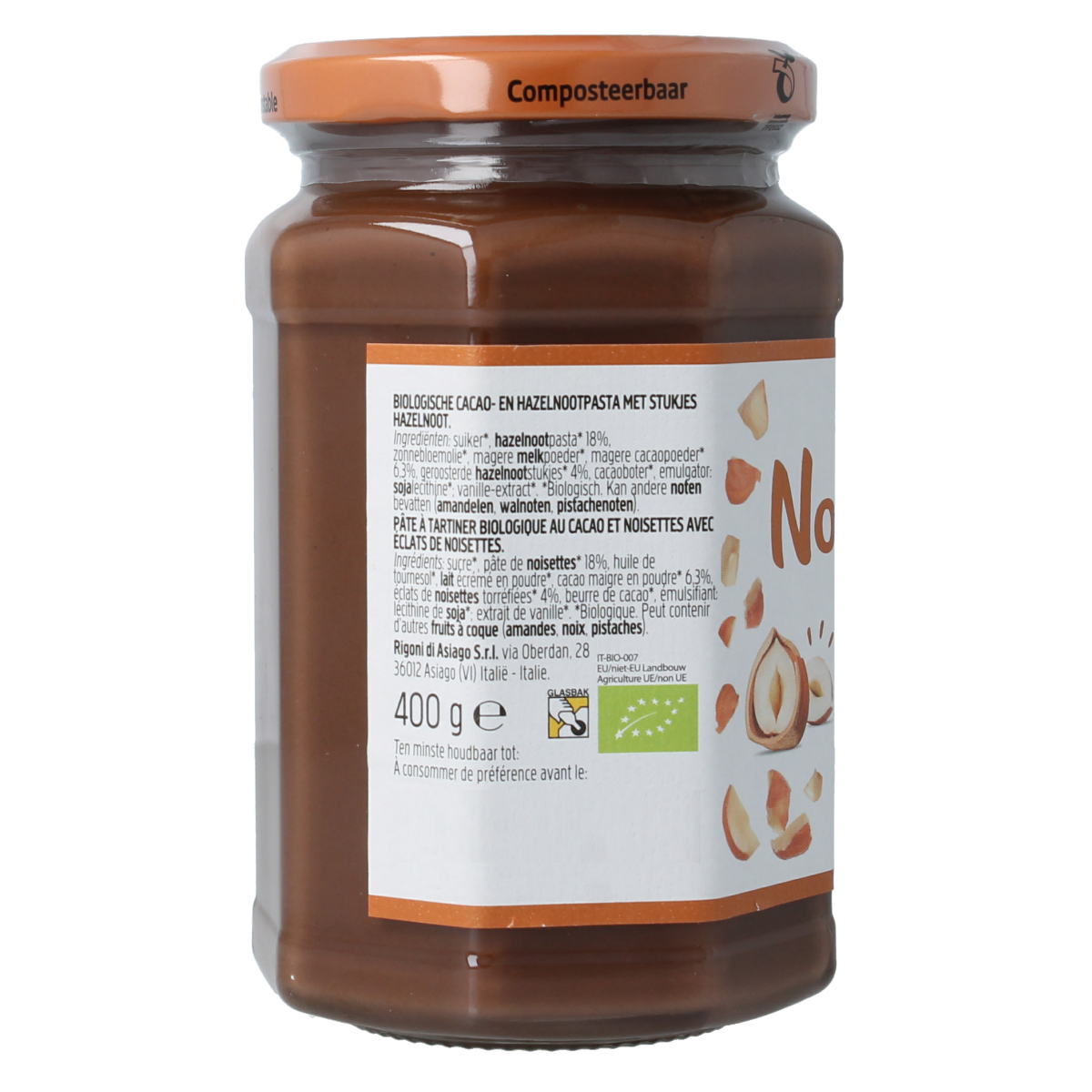 Jar of Rigoni Nocciolata crunchy organic spread on bread, featuring a creamy texture with crunchy hazelnut pieces.