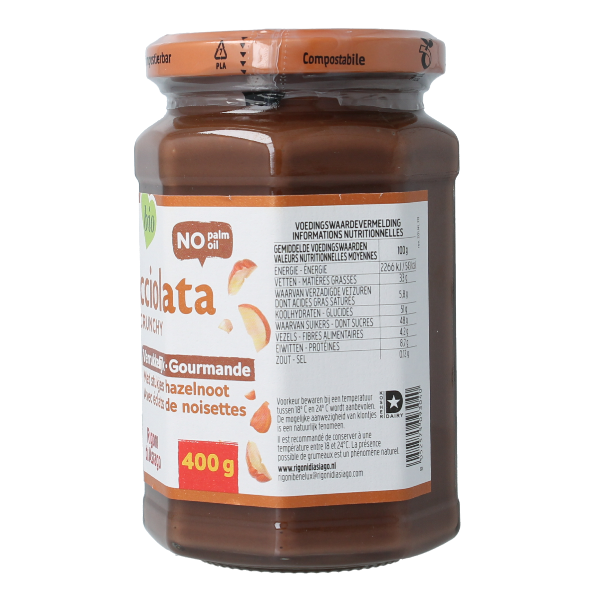 Rigoni Nocciolata crunchy bio spread on bread, featuring hazelnut and cocoa, in a 400g jar.