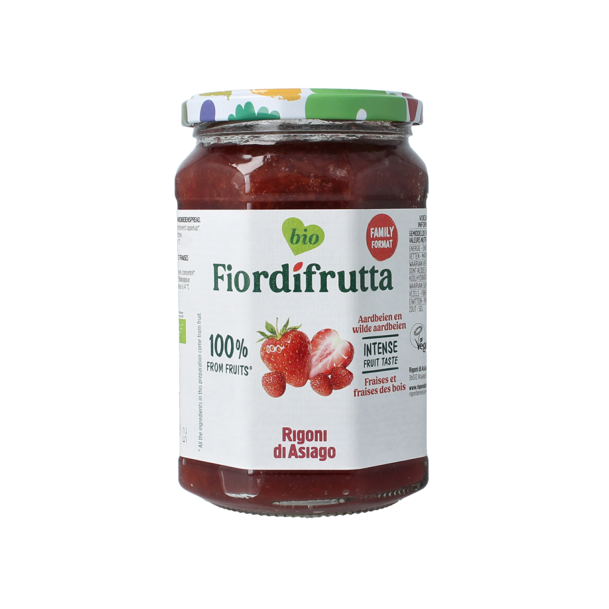 Fiordifrutta organic strawberry and wild strawberry jam spread on bread, 600g jar, natural fruit-filled breakfast spread.