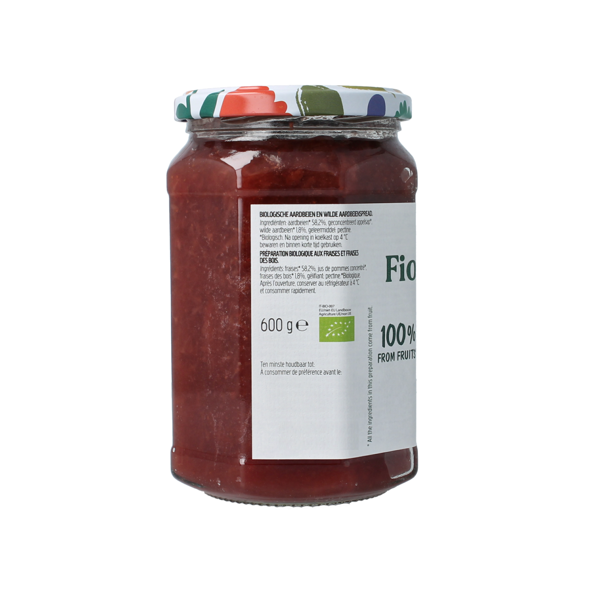 Fiordifrutta strawberry and wild strawberry organic jam spread on bread, 600g jar for breakfast or snacks.