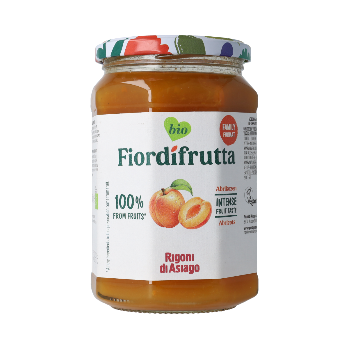Jar of Fiordifrutta organic apricot jam, 600g, a natural spread for bread and toast with fresh apricot flavor.