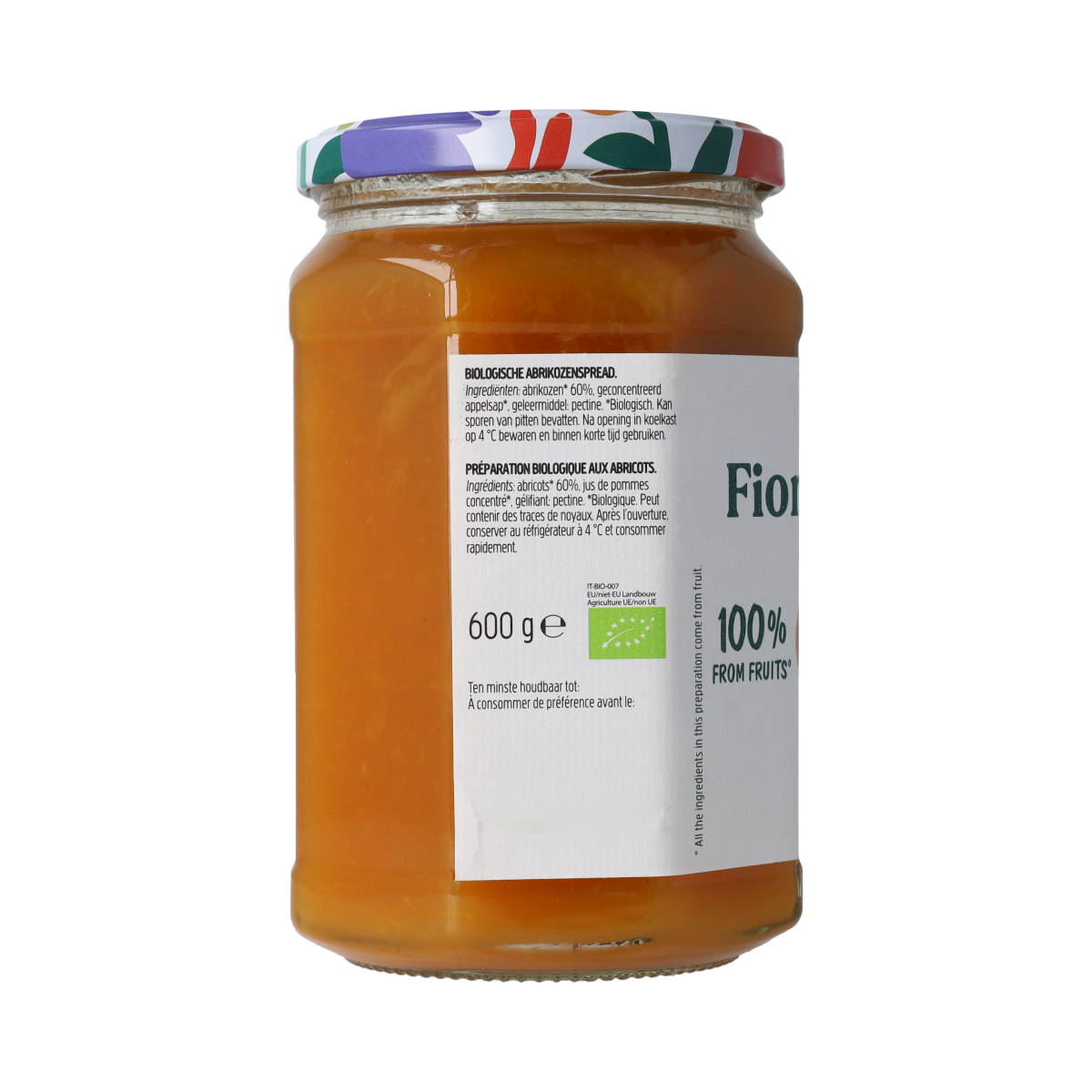 Fiordifrutta bio apricot jam spread on bread, 600g jar, natural fruit preserve for breakfast or snacks.