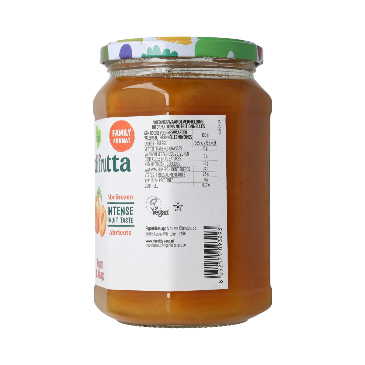 Fiordifrutta Abrikozenjam bio 600g jar, natural apricot fruit spread for bread and breakfast.