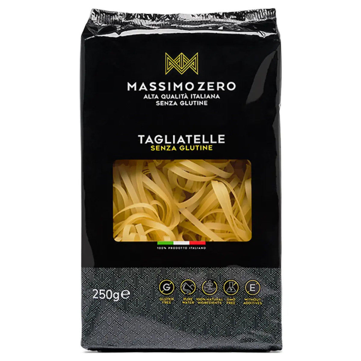 Massimo Zero gluten-free tagliatelle pasta in 250g package, showcasing fresh pasta strands on a wooden surface.