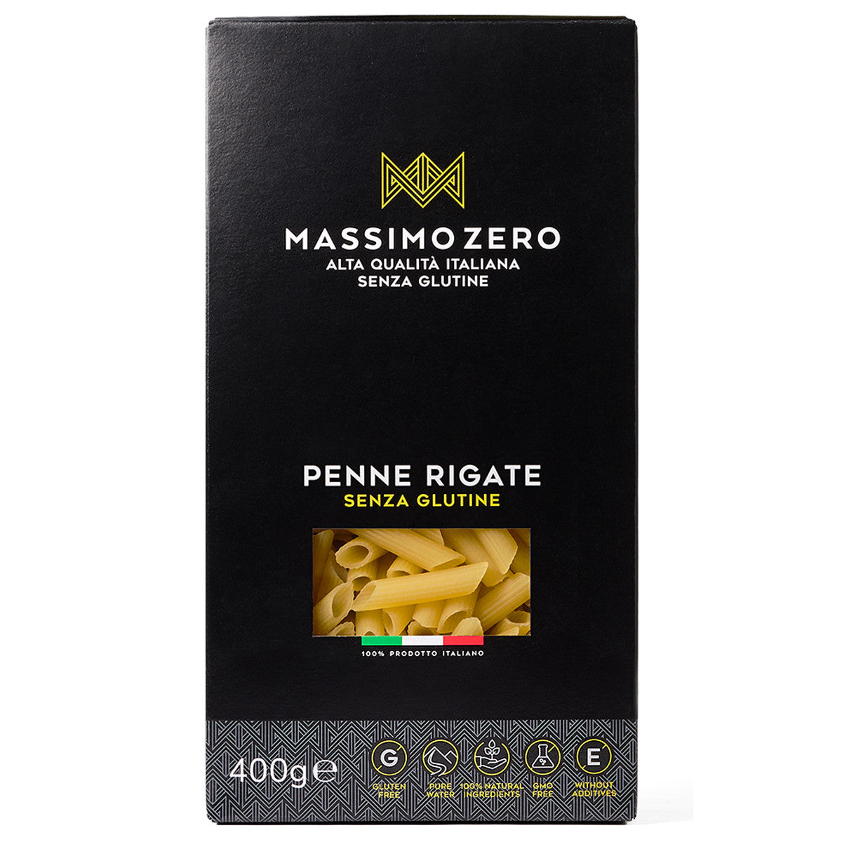 Penne rigate gluten-free pasta by Massimo Zero in a 400g package, showing uncooked pasta with ridged surface and golden color.