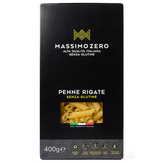 Penne rigate gluten-free pasta by Massimo Zero in a 400g package, showing uncooked pasta with ridged surface and golden color.