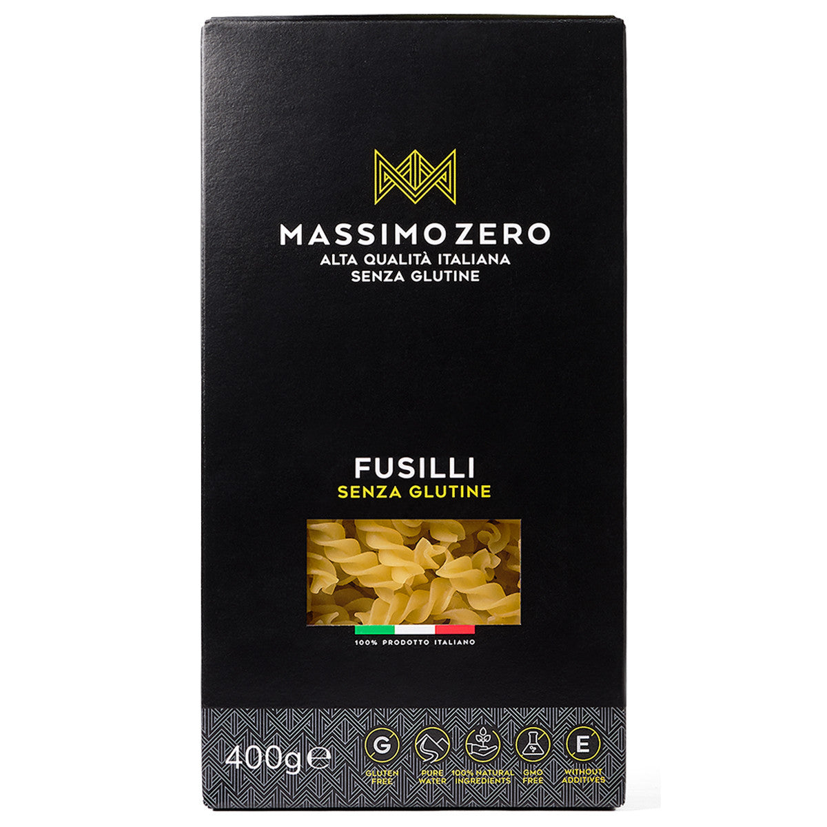 Massimo Zero gluten-free fusilli pasta in 400g package, showing spiral pasta shapes on the box.