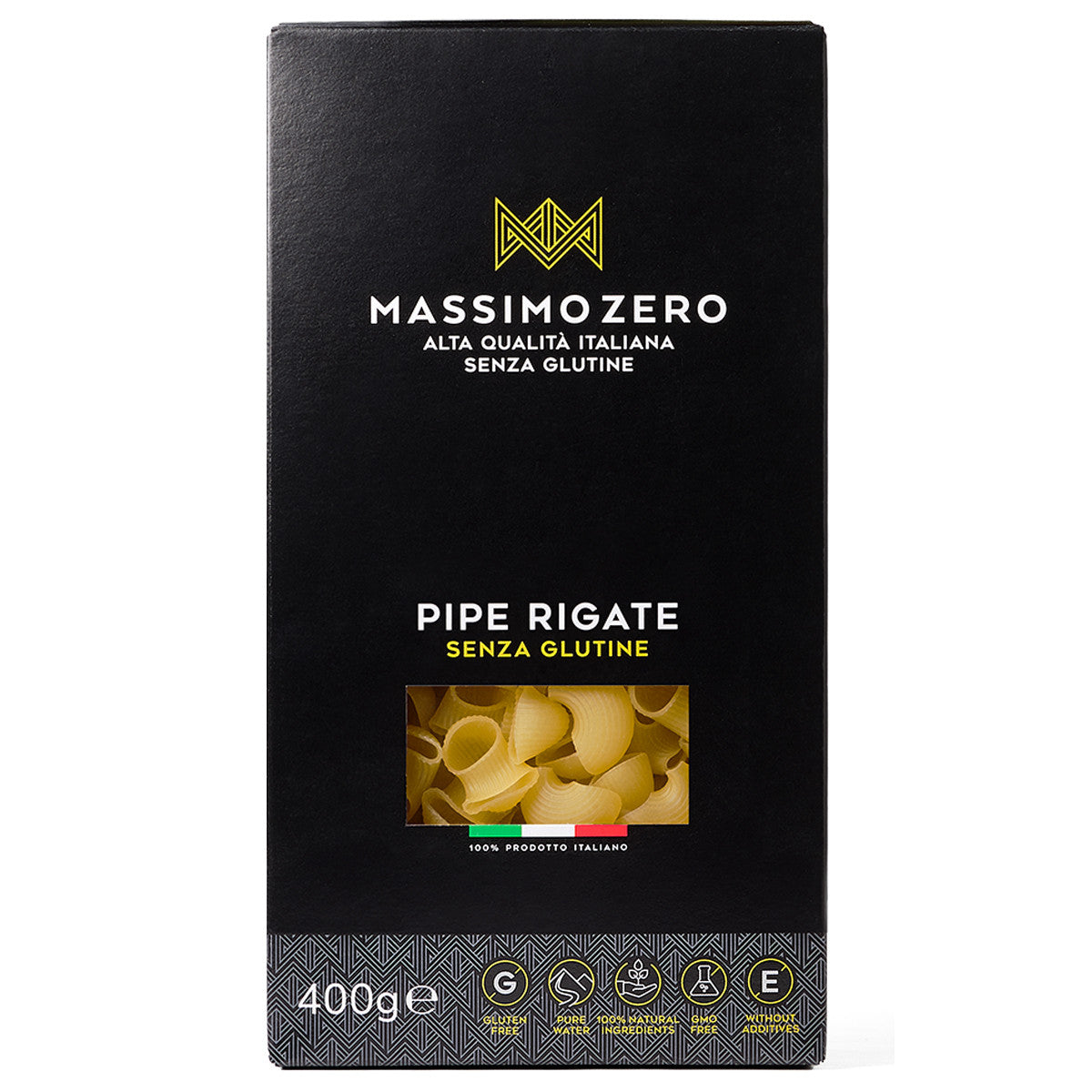 Massimo Zero gluten-free pipe rigate pasta in 400g package, dry uncooked pasta with curved tubular shape.