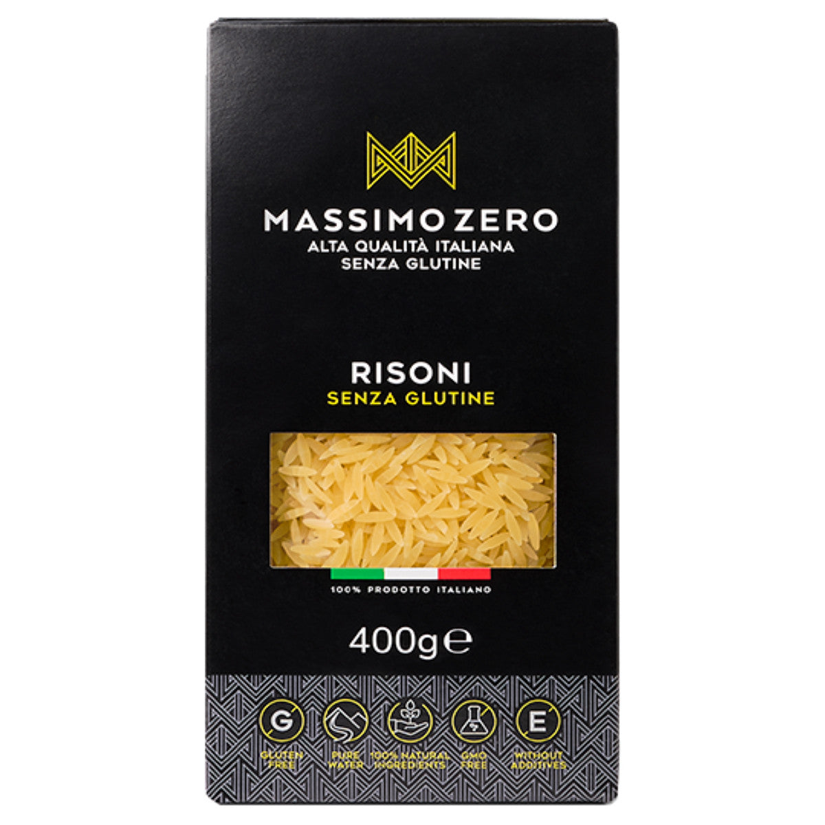 Gluten-free Risoni pasta by Massimo Zero in a 400g package, shown in a clear image with pasta grains visible.