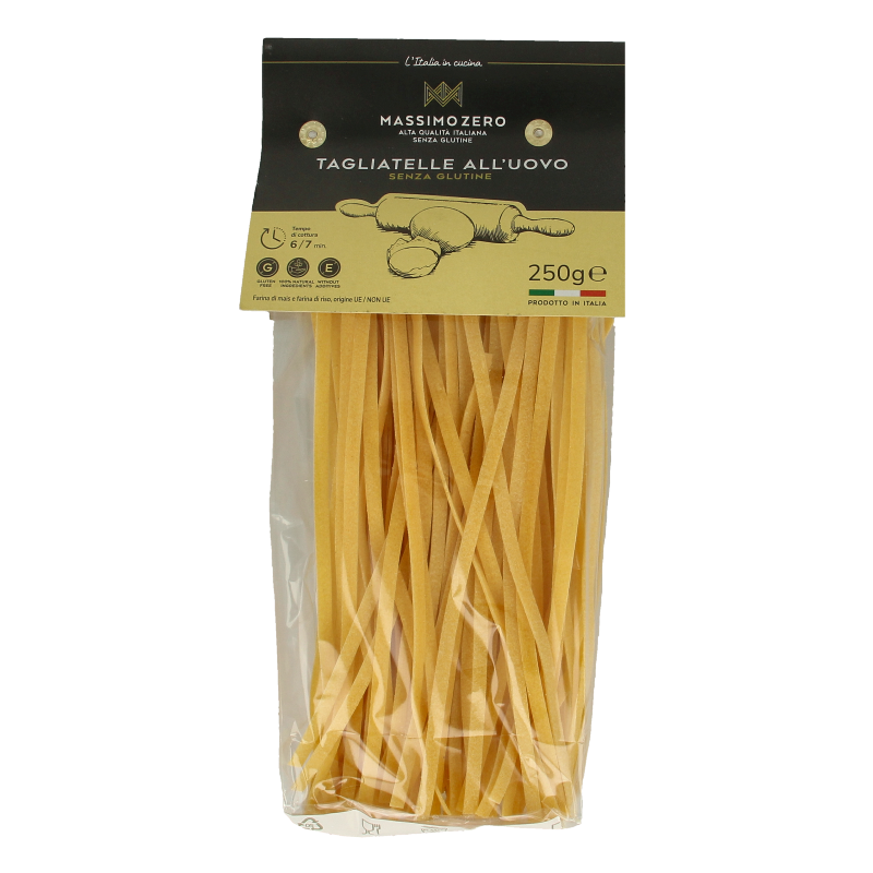 Gluten-free Massimo Zero Tagliatelle egg pasta in 250g package, fresh and uncooked, from the pasta and rice product line.