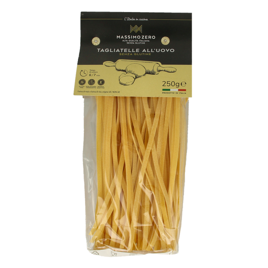 Gluten-free Massimo Zero Tagliatelle egg pasta in 250g package, fresh and uncooked, from the pasta and rice product line.