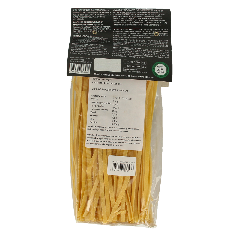 Gluten-free Massimo Zero Tagliatelle egg pasta in 250g package, made from pasta and rice ingredients, shown in the image.