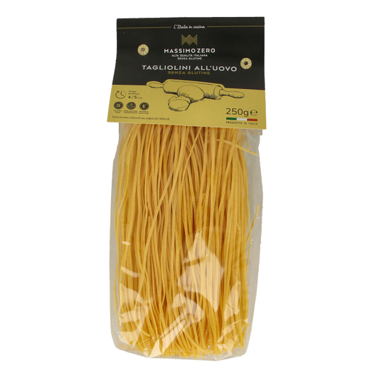 Massimo Zero gluten-free Tagliolini pasta in 250g package, thin Italian egg pasta for cooking or recipes.