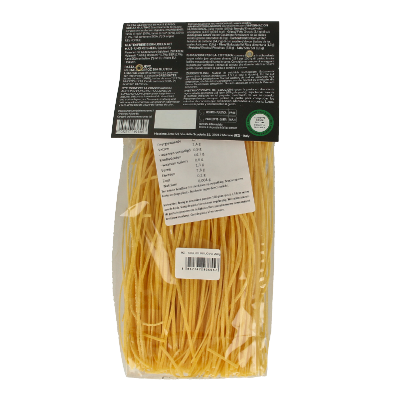 Massimo Zero gluten-free tagliolini egg pasta in 250g package, showcasing thin, yellow egg noodles on a white background.