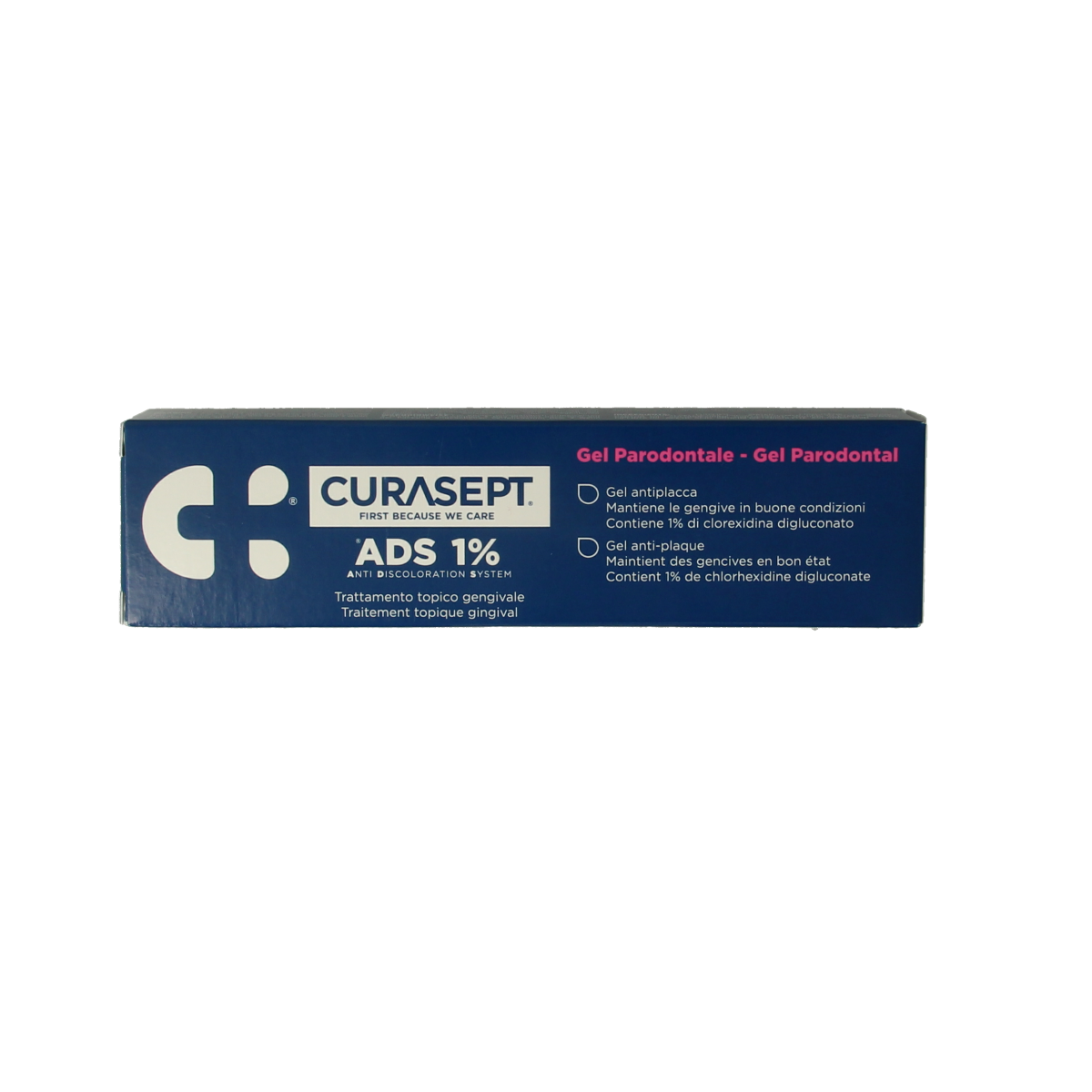 Curasept ADS Parodontaal gel 1% chlorhexidine in 30ml tube, used for oral hygiene and gum health care.