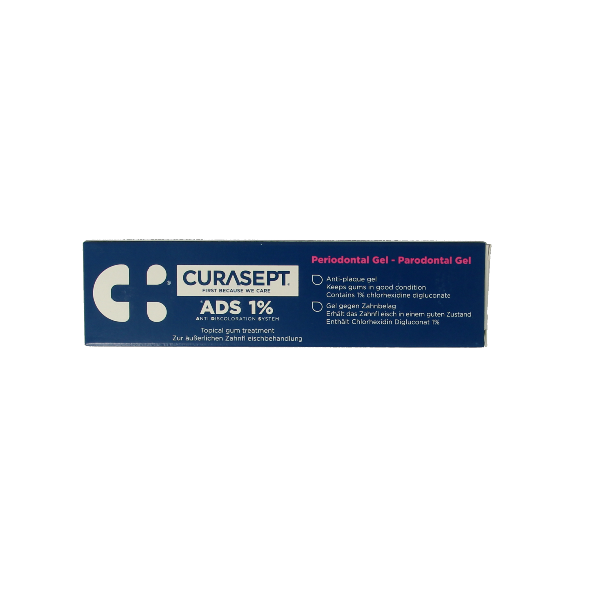 Curasept ADS Parodontaal gel 1% chlorhexidine in a 30ml tube for oral hygiene and gum care.