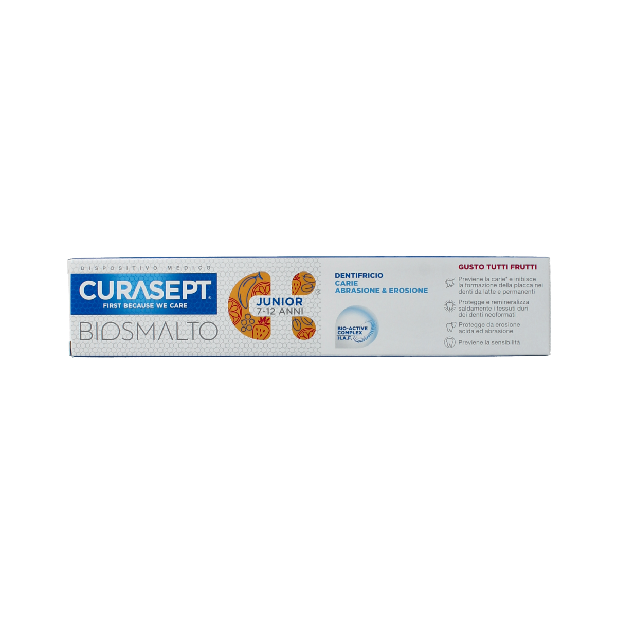 Curasept Biosmalto junior toothpaste for caries and erosion, 75ml, with a child-friendly design and protective formula.