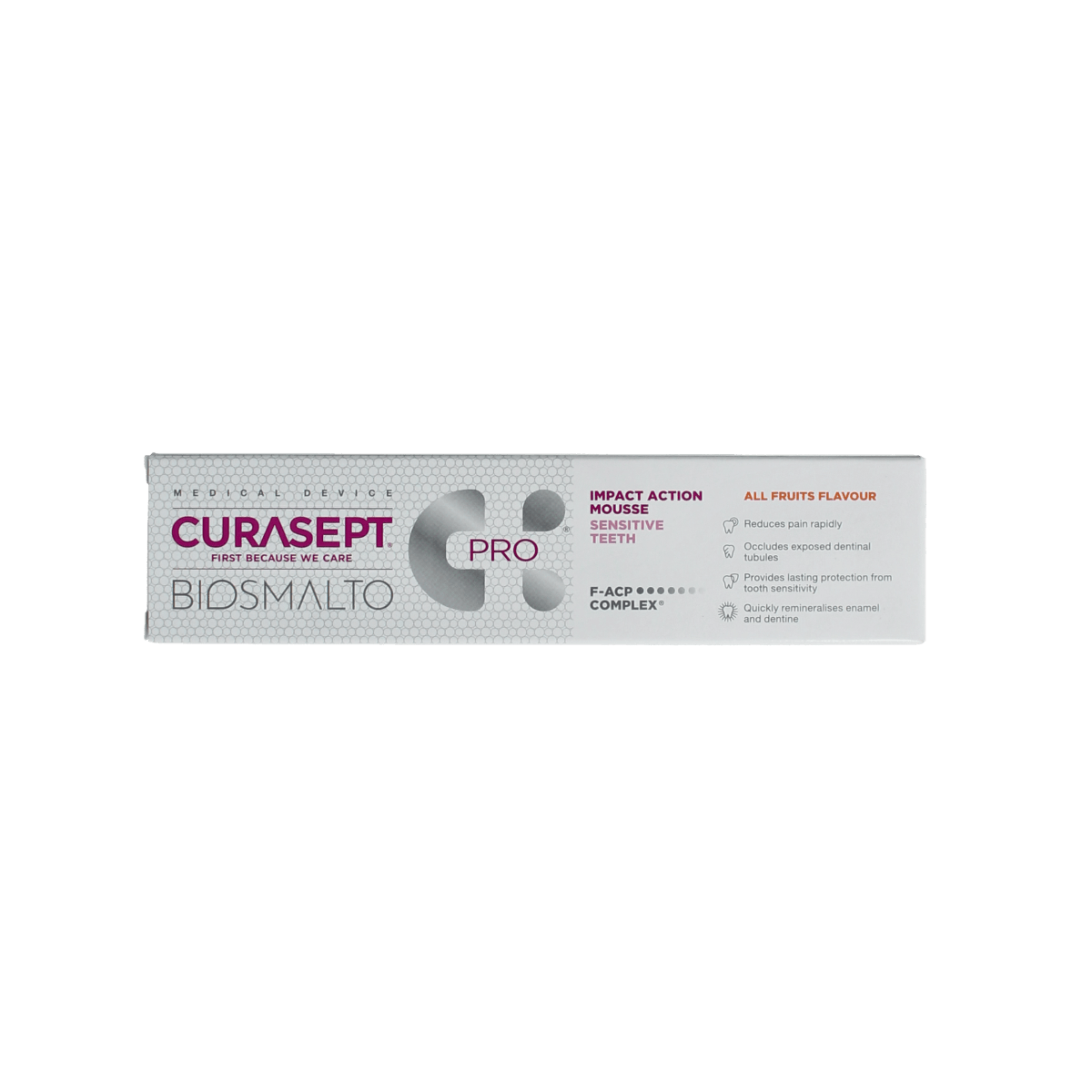 Curasept Biosmalto Mousse Sensitive toothpaste in 50ml tube, designed for gentle oral care and enamel protection.