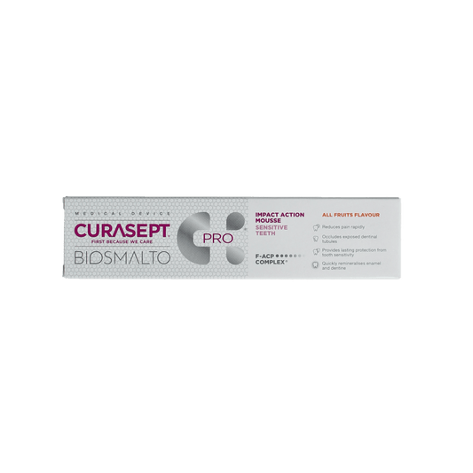 Curasept Biosmalto Mousse Sensitive toothpaste in 50ml tube, designed for gentle oral care and enamel protection.