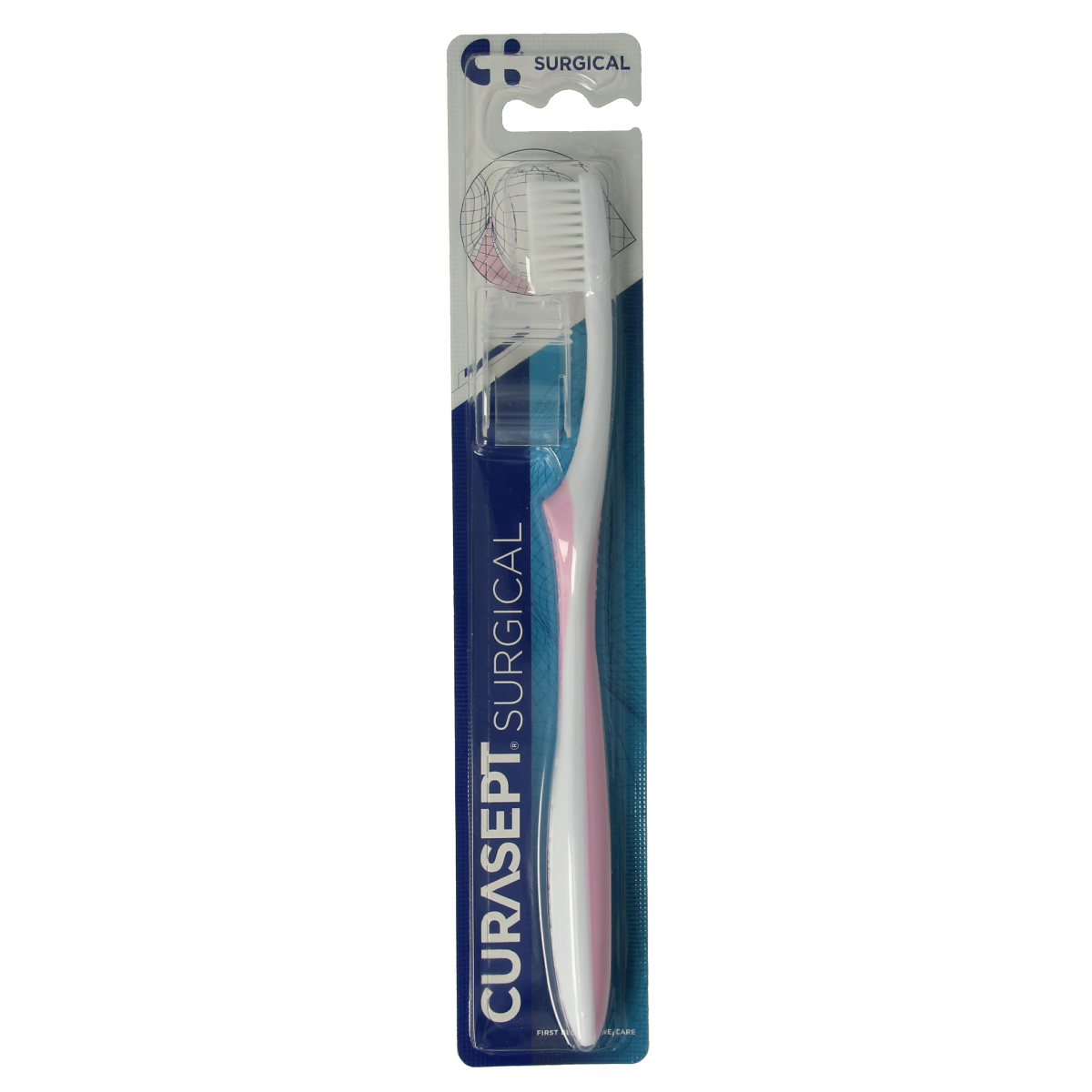Curasept specialist surgical toothbrush with soft bristles, shown in close-up against a white background.