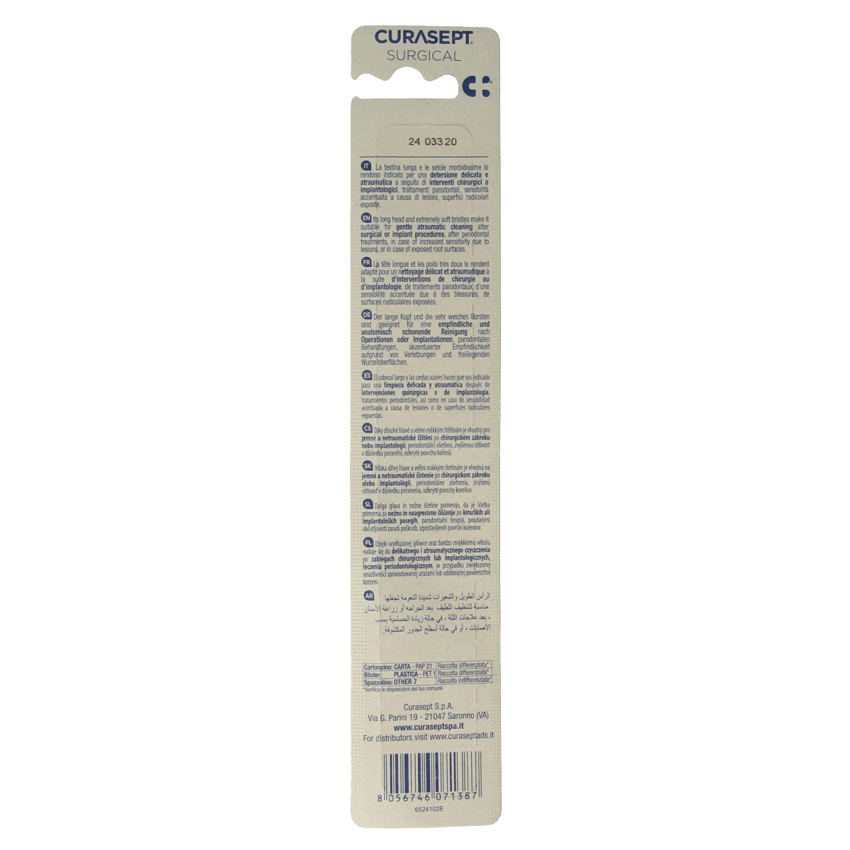 Curasept specialist surgical toothbrush with firm bristles, designed for precise dental cleaning, shown in the image.