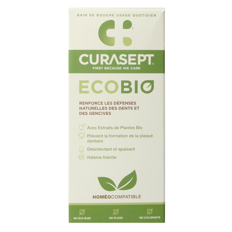 Curasept EcoBio mouthwash in 300ml bottle, natural oral rinse with eco-friendly ingredients, shown in the image.