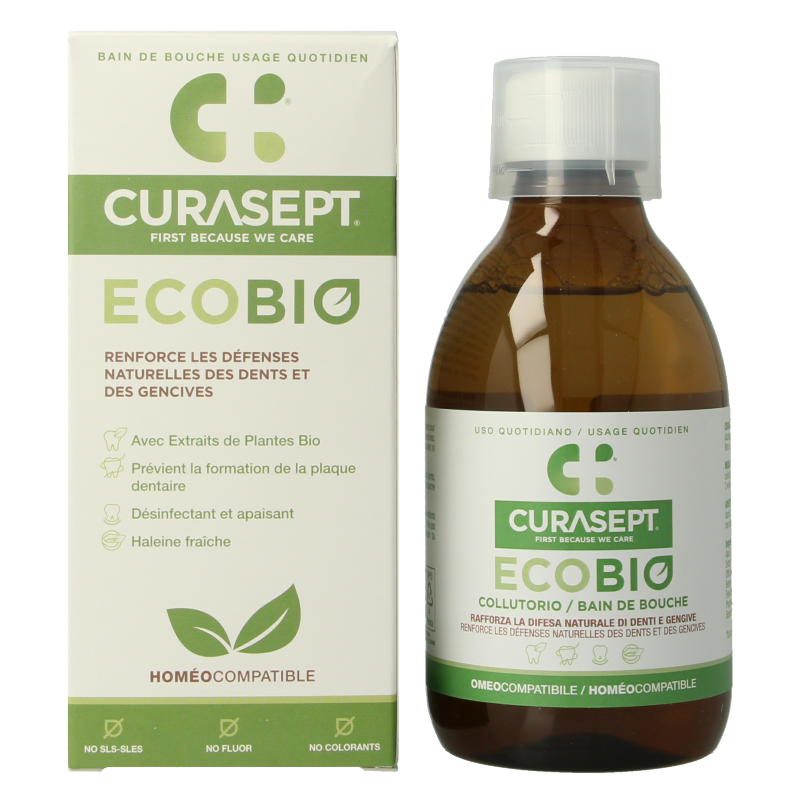 Curasept EcoBio mouthwash in 300ml bottle, natural oral rinse for maintaining oral hygiene and fresh breath.