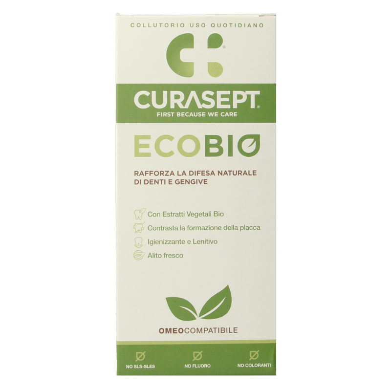 Curasept EcoBio mouth rinse in 300ml bottle, natural oral disinfectant with eco-friendly ingredients, for fresh breath and oral health.