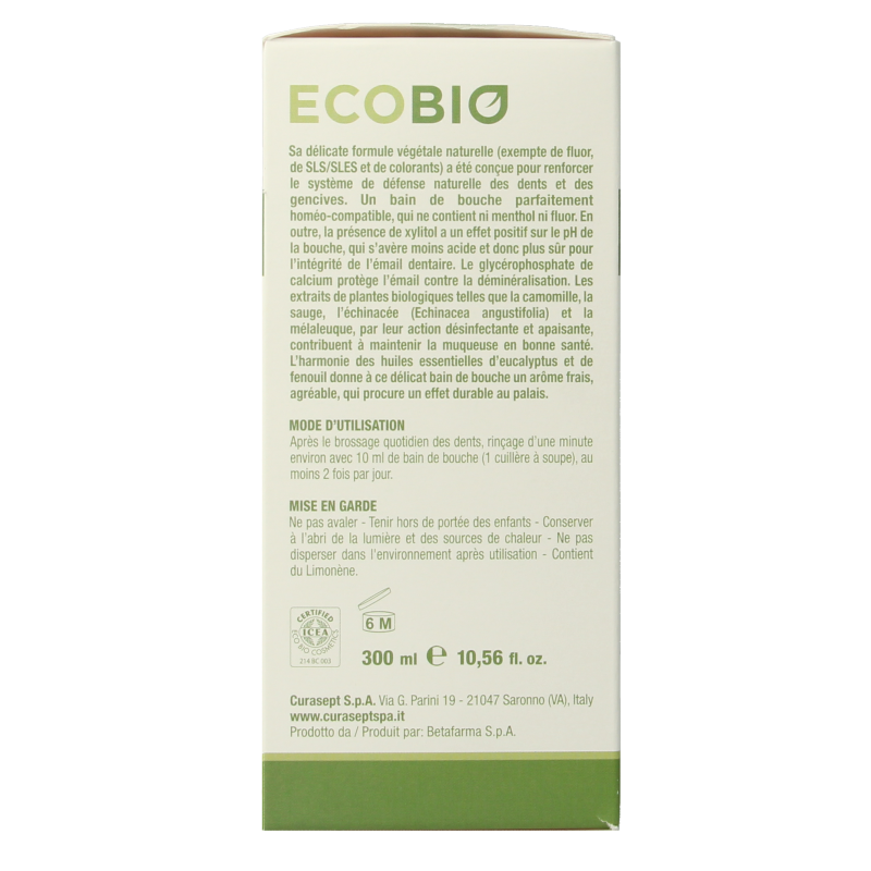 Curasept EcoBio mouth rinse in 300ml bottle, natural oral health mouthwash with eco-friendly ingredients.