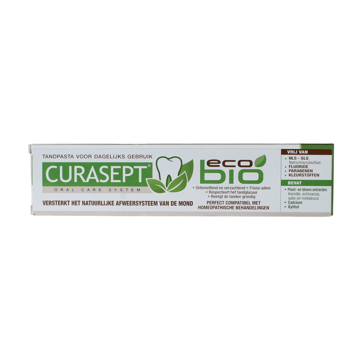 Curasept EcoBio toothpaste in 75ml tube, featuring natural ingredients and eco-friendly packaging for oral hygiene.