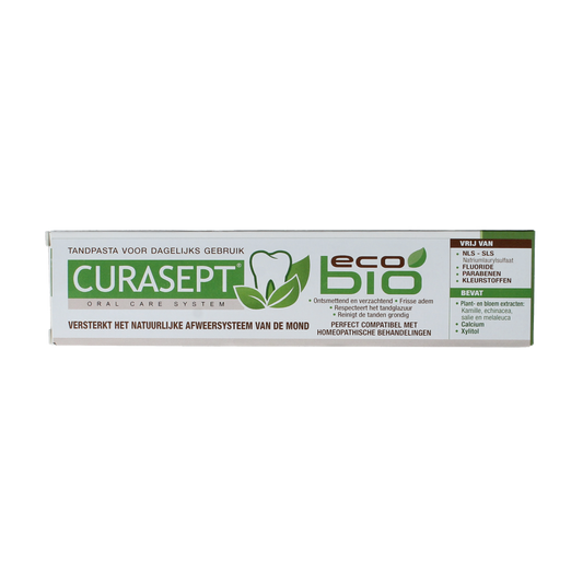 Curasept EcoBio toothpaste in 75ml tube, featuring natural ingredients and eco-friendly packaging for oral hygiene.