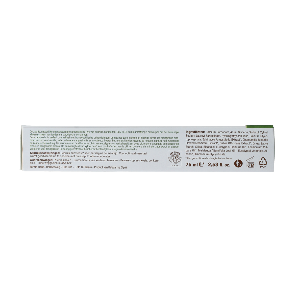Curasept EcoBio toothpaste in 75ml tube, featuring natural ingredients and eco-friendly packaging, designed for oral hygiene.