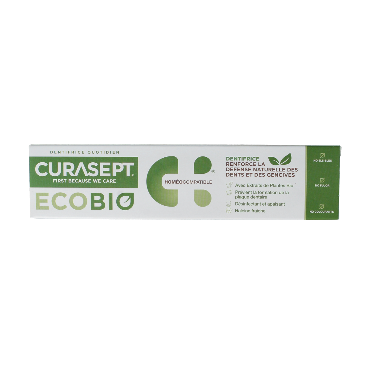 Curasept EcoBio toothpaste in 75ml tube, natural dental care product with eco-friendly ingredients, suitable for daily oral hygiene.