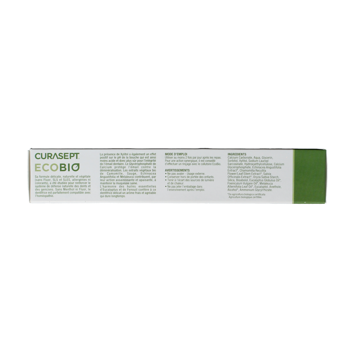 Curasept EcoBio toothpaste tube showing 75ml size and eco-friendly packaging for oral hygiene.