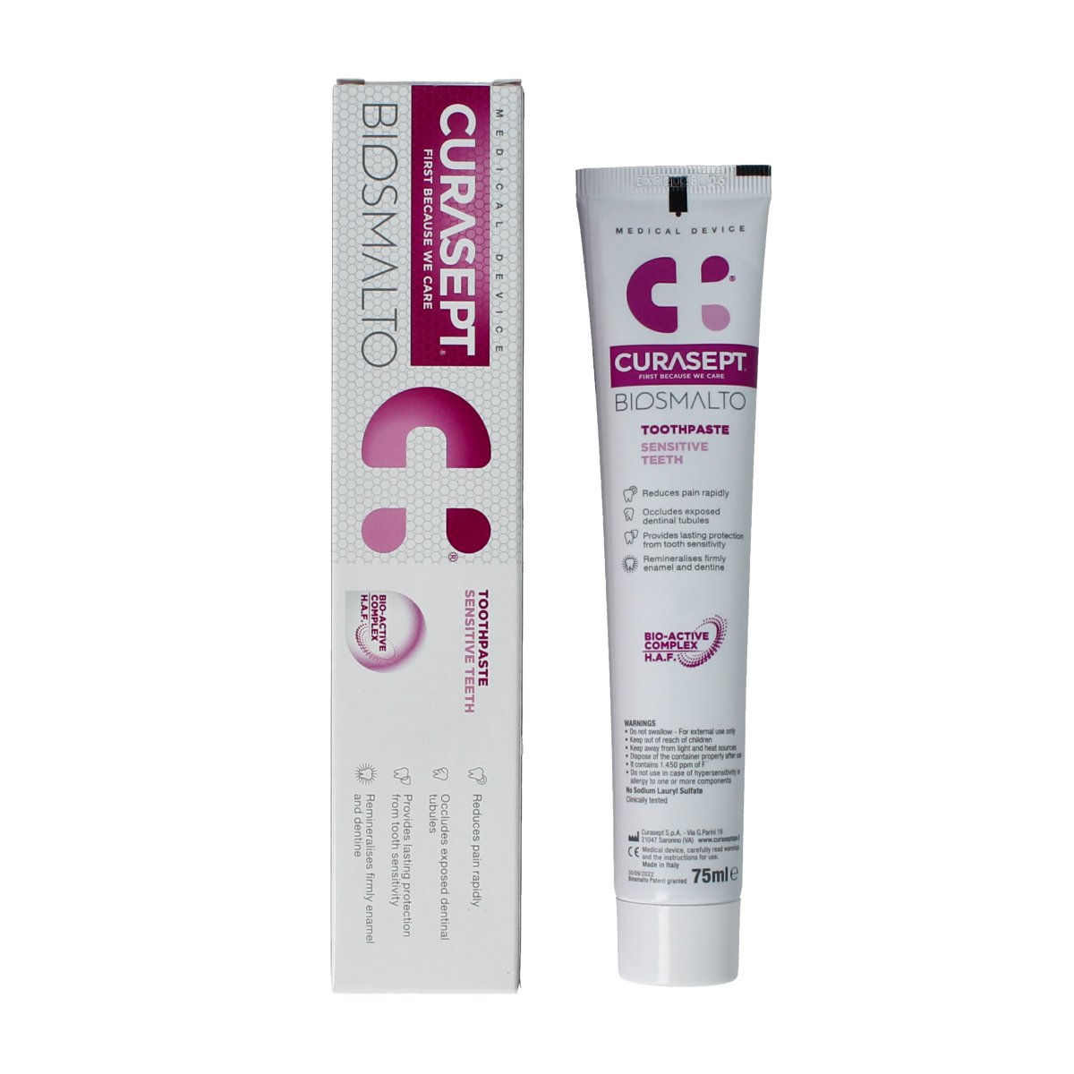 Curasept Biosmalto sensitive teeth toothpaste 75ml tube showing the toothpaste packaging and branding.