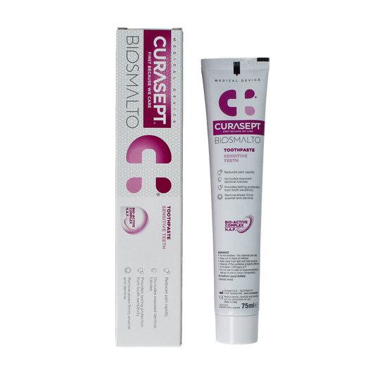 Curasept Biosmalto sensitive teeth toothpaste 75ml tube showing the toothpaste packaging and branding.